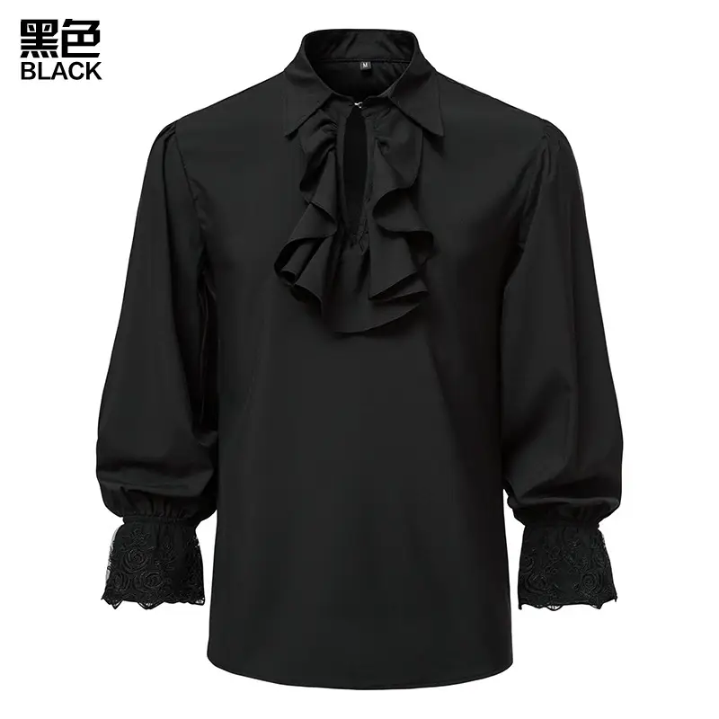 2025 Summer Men's Long Sleeve Steampunk Ruffled Shirt White Black Yellow - Image 2