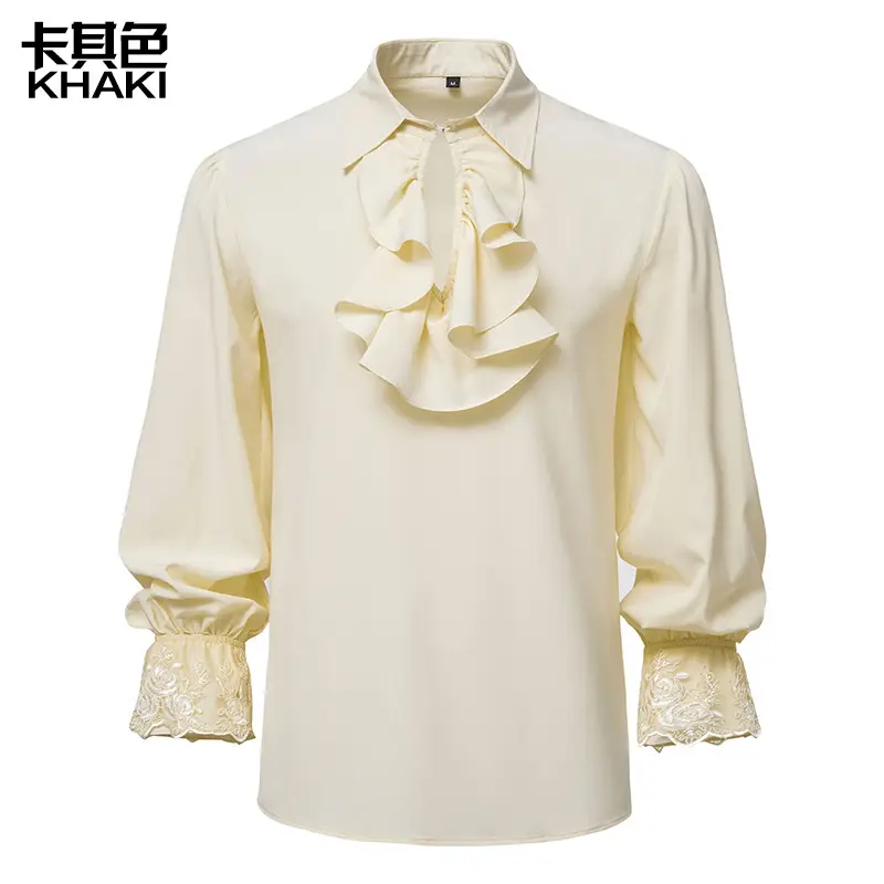 2025 Summer Men's Long Sleeve Steampunk Ruffled Shirt White Black Yellow - Image 3