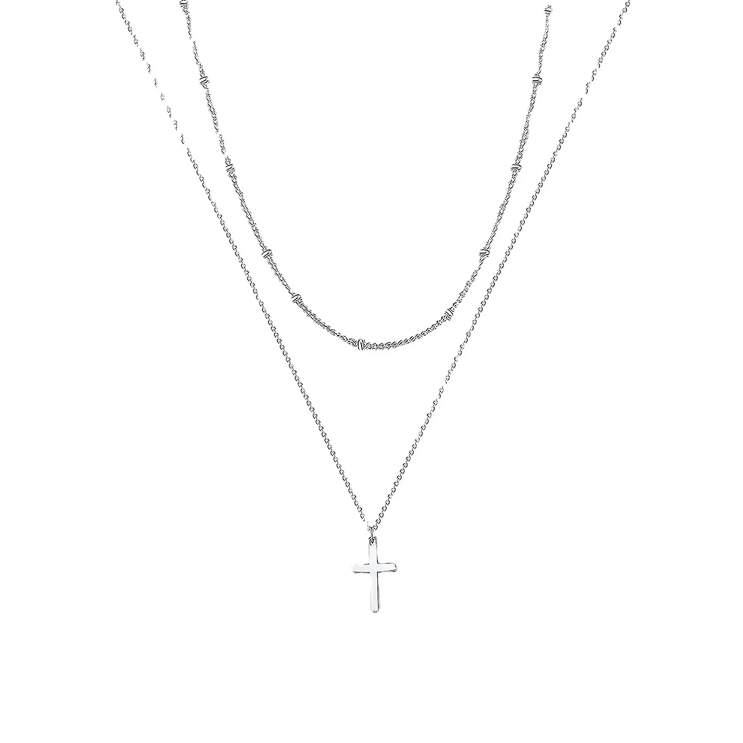 Stainless Steel Cross Chain Necklace with Double Layer Beads
