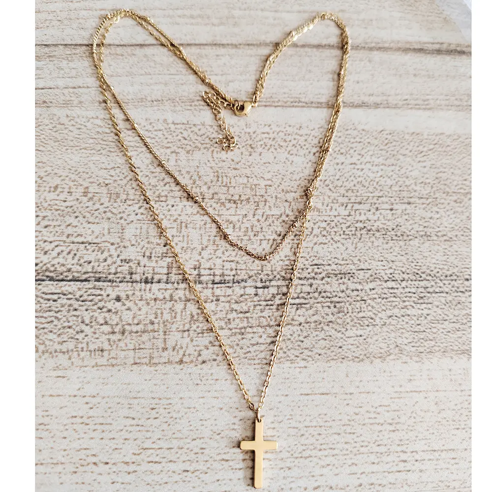 Stainless Steel Cross Chain Necklace with Double Layer Beads