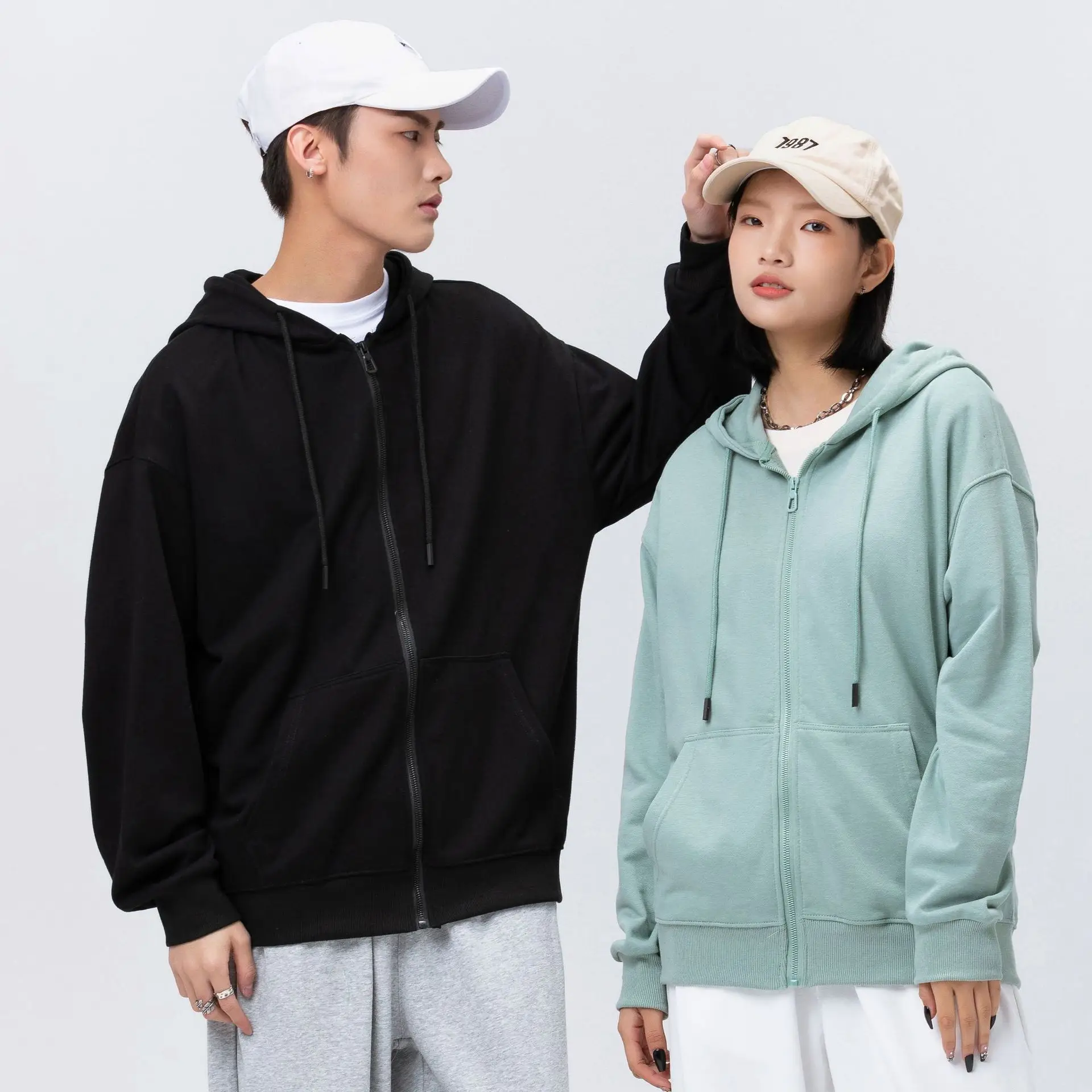 Men Light Green Full Zip Hoodie Turtleneck - Image 11