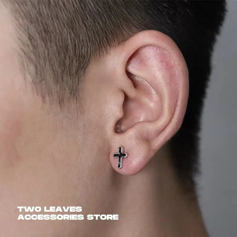 Black Cross Ear Stud Glue Men's Earrings European American Hip Hop