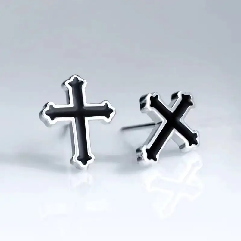 Black Cross Ear Stud Glue Men's Earrings European American Hip Hop