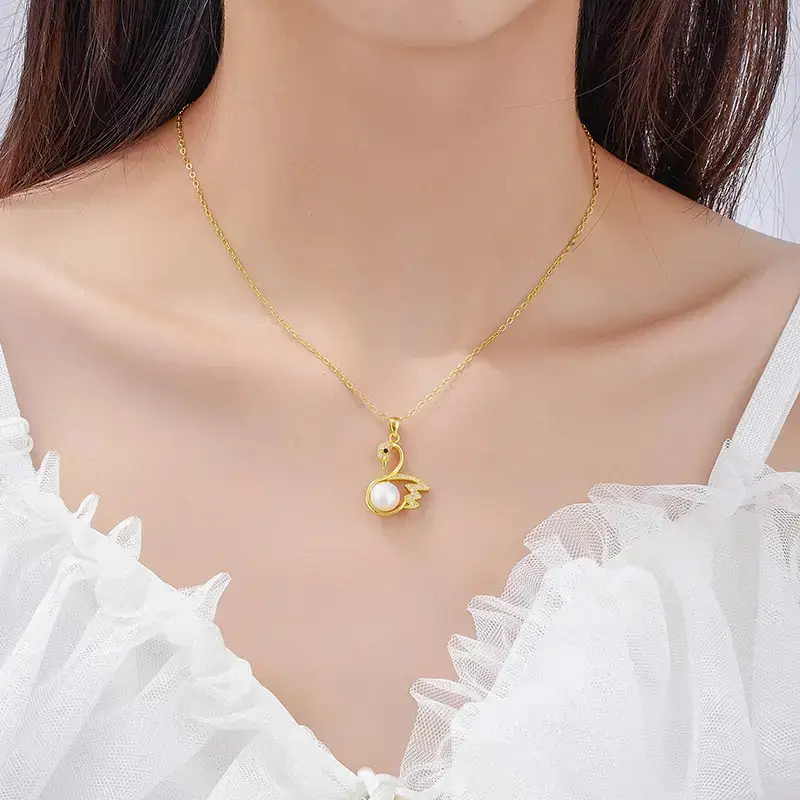 Natural Pearl Pendant with Zircon Swan Design - Image 2
