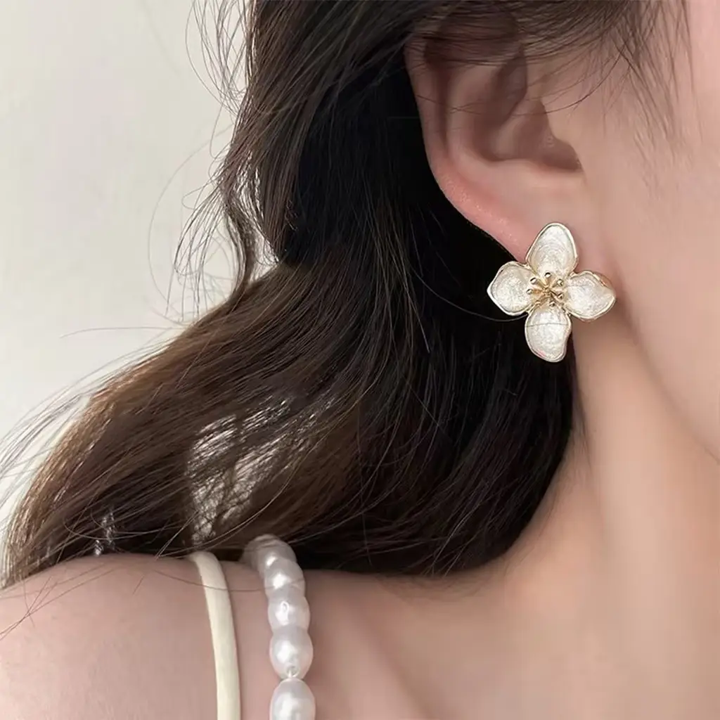 Golden Flower Dropping Pearl Earrings for Women - Image 3