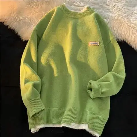 Men Green Knitted Crewneck Sweater Winter Warm Loose Fit - Image 6