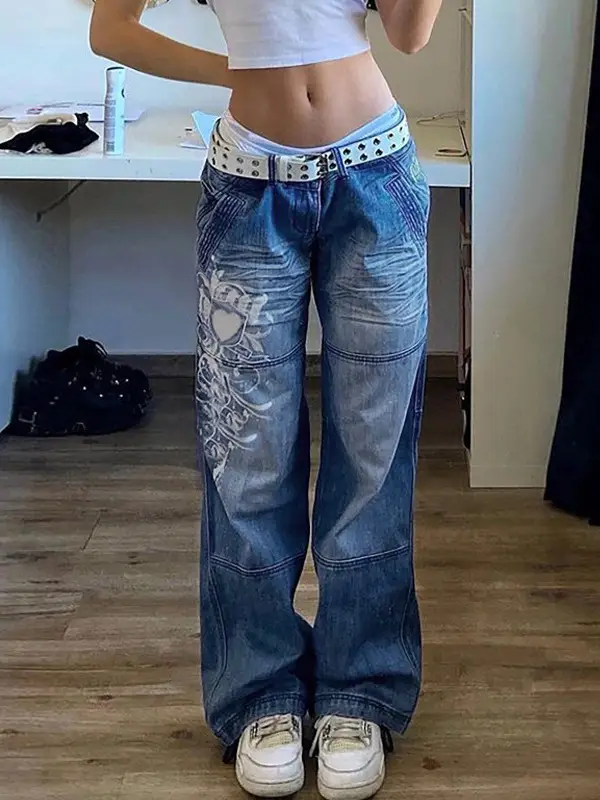 Women's Irregular Printed Loose Trousers Low Waist Pleated Washed Old Multicolor Jeans - Image 5