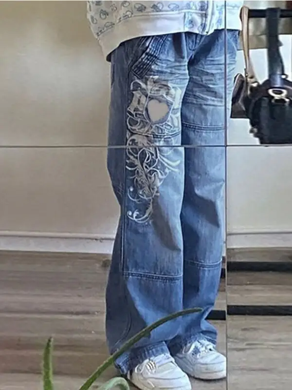 Women's Irregular Printed Loose Trousers Low Waist Pleated Washed Old Multicolor Jeans - Image 6
