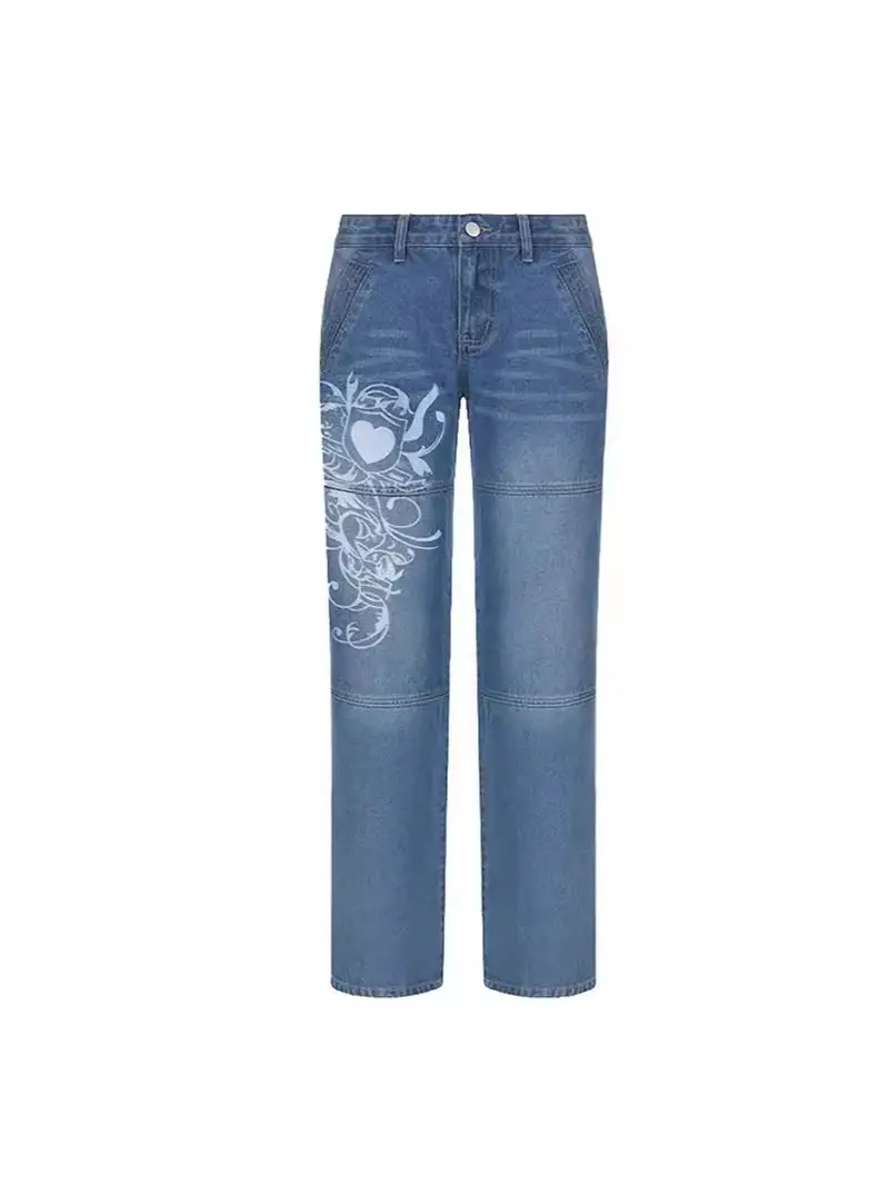 Women's Irregular Printed Loose Trousers Low Waist Pleated Washed Old Multicolor Jeans - Image 7