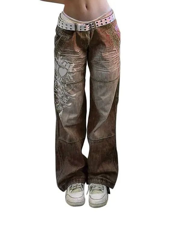 Women's Irregular Printed Loose Trousers Low Waist Pleated Washed Old Multicolor Jeans - Image 8