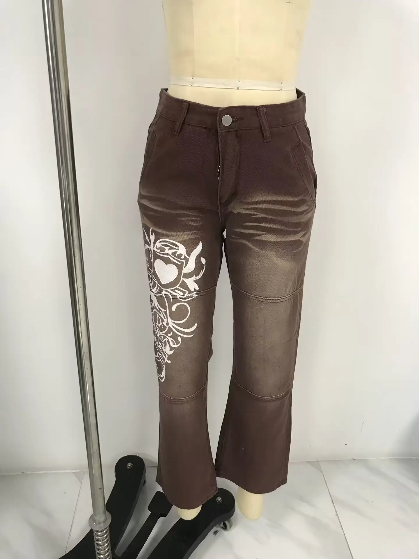 Women's Irregular Printed Loose Trousers Low Waist Pleated Washed Old Multicolor Jeans — feature 10