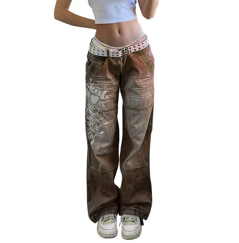 Women's Irregular Printed Loose Trousers Low Waist Pleated Washed Old Multicolor Jeans — feature 13