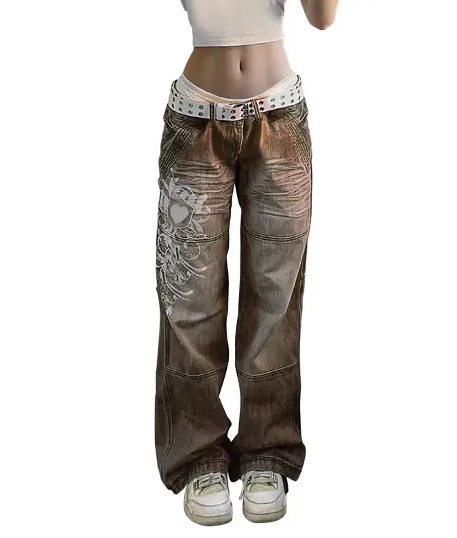 Women's Irregular Printed Loose Trousers Low Waist Pleated Washed Old Multicolor Jeans — feature 15