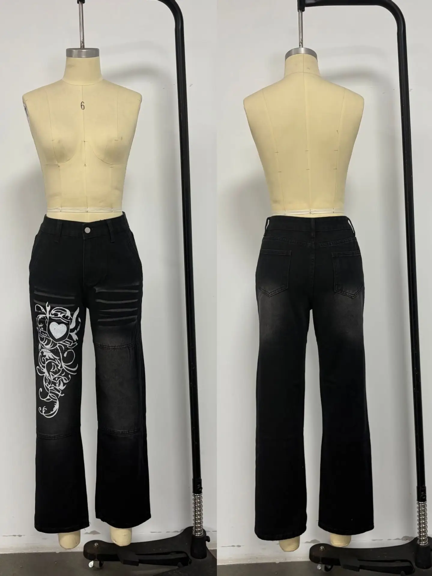 Women's Irregular Printed Loose Trousers Low Waist Pleated Washed Old Multicolor Jeans — feature 4
