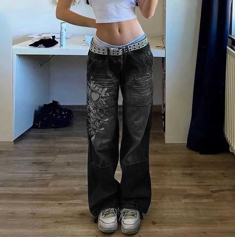 Women's Irregular Printed Loose Trousers Low Waist Pleated Washed Old Multicolor Jeans — feature 7