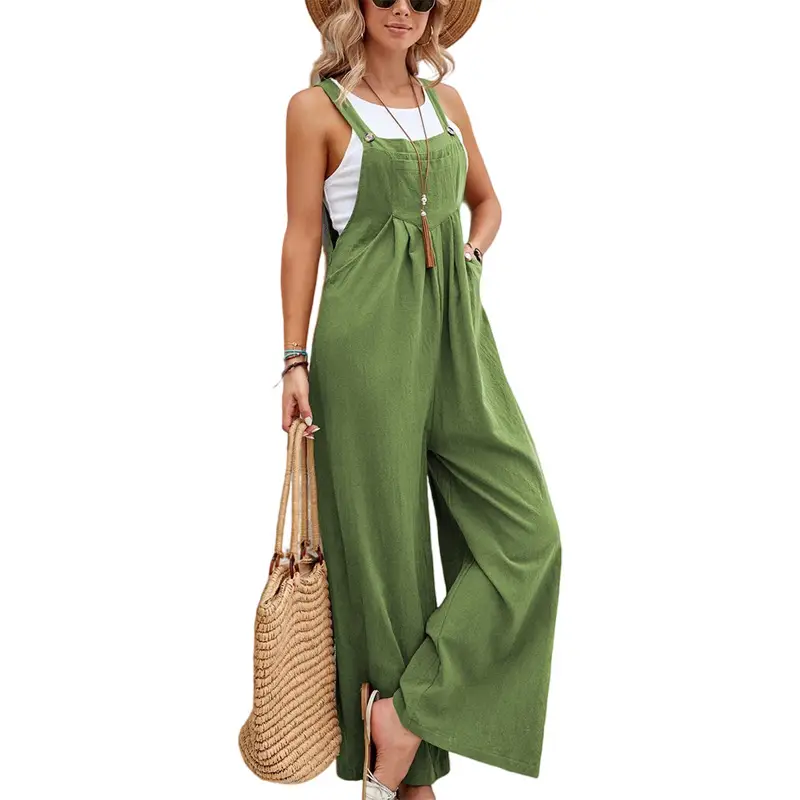 Women's Green Wide Leg Trouser Set Mid Waist Overalls — feature 12