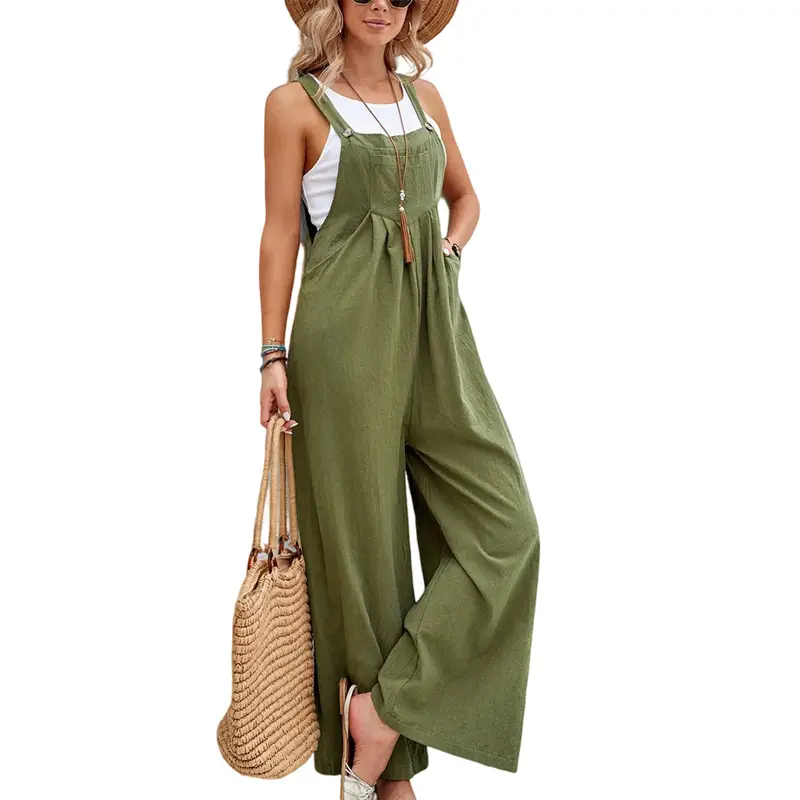 Women's Green Wide Leg Trouser Set Mid Waist Overalls — feature 9