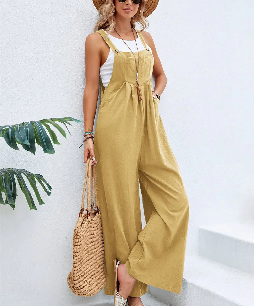 Women's Green Wide Leg Trouser Set Mid Waist Overalls — feature 16