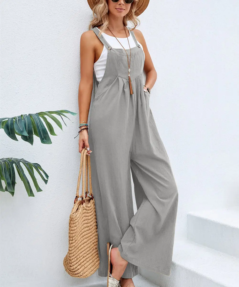 Women's Green Wide Leg Trouser Set Mid Waist Overalls — feature 15