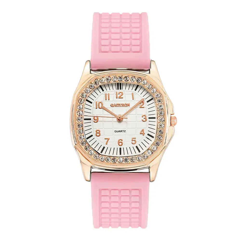 Women Square Rhinestone Quartz Watch Black Silicone