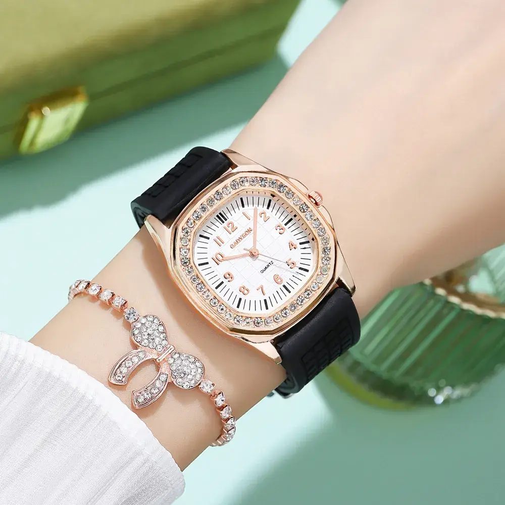 Women Square Rhinestone Quartz Watch Black Silicone