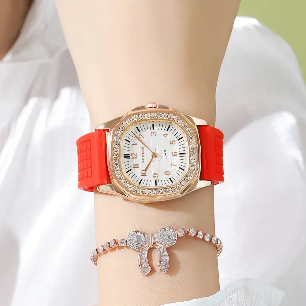Women Square Rhinestone Quartz Watch Black Silicone