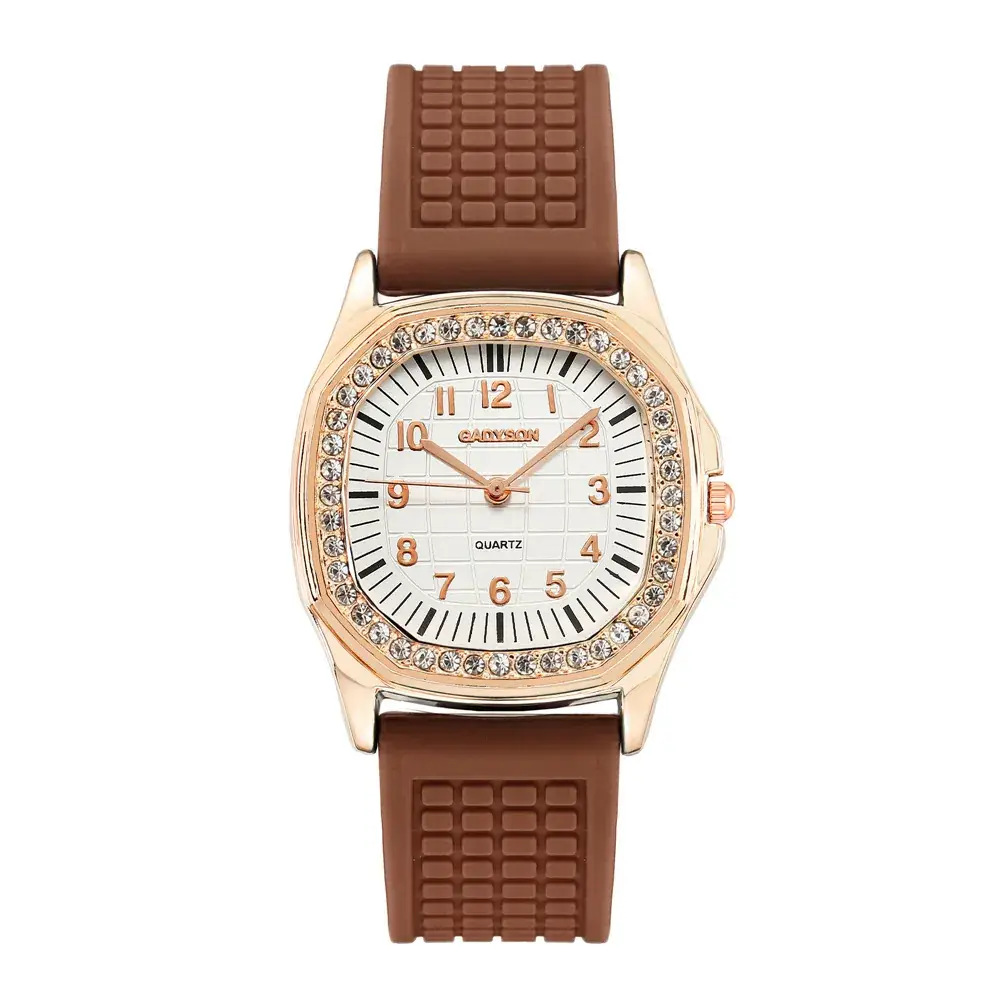 Women Square Rhinestone Quartz Watch Black Silicone