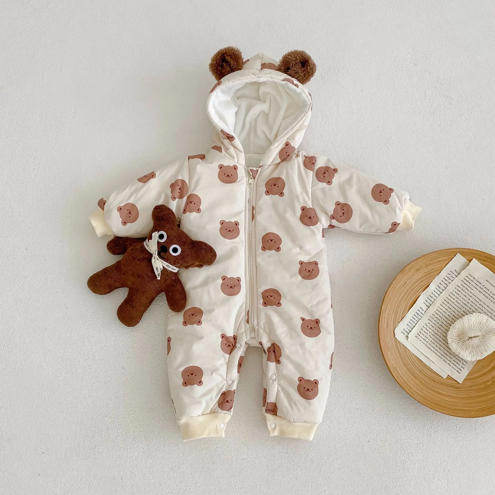 2025 Winter Velvet Bear Print Hooded Crawling Jumpsuit for Baby - Image 3