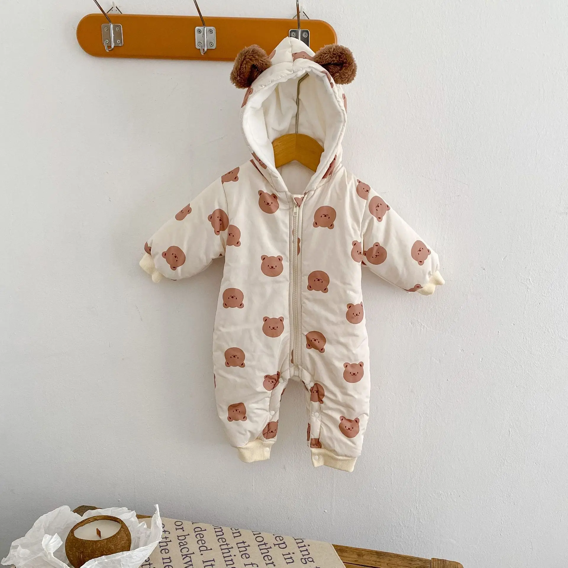 2025 Winter Velvet Bear Print Hooded Crawling Jumpsuit for Baby - Image 4