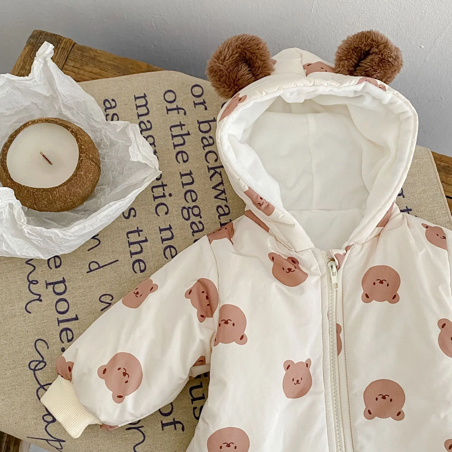 2025 Winter Velvet Bear Print Hooded Crawling Jumpsuit for Baby - Image 5