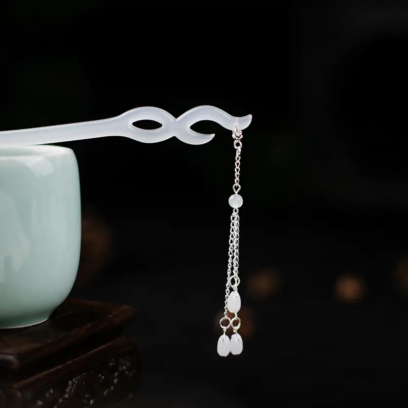 Green Jade Tassel Hairpin with Chain & Pearl Drop - Image 4