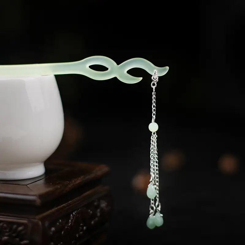 Green Jade Tassel Hairpin with Chain & Pearl Drop - Image 5
