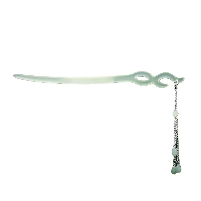 Green Jade Tassel Hairpin with Chain & Pearl Drop - Image 6