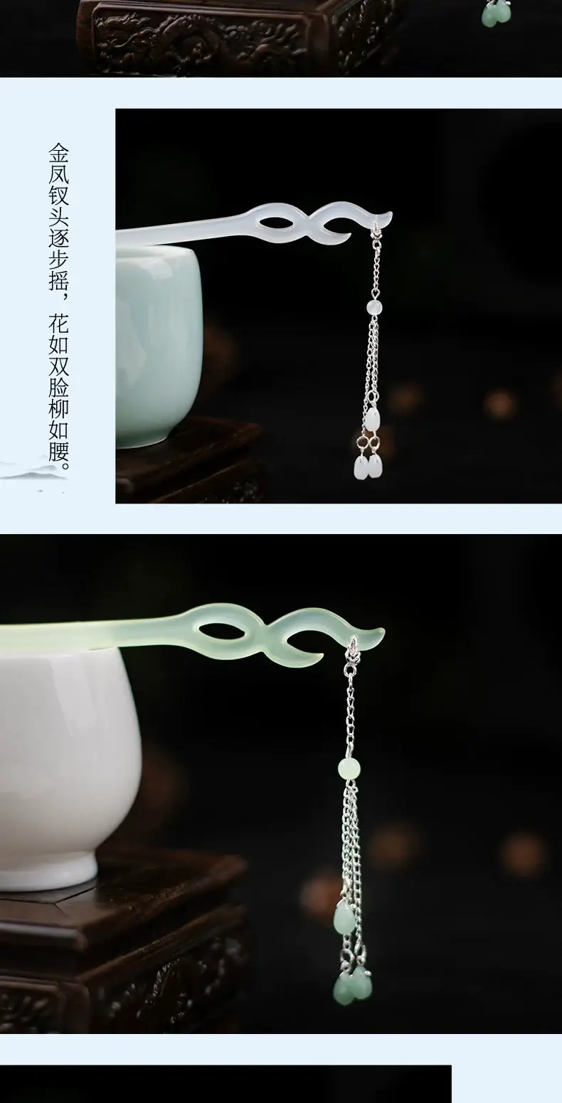 Green Jade Tassel Hairpin with Chain & Pearl Drop — feature 8