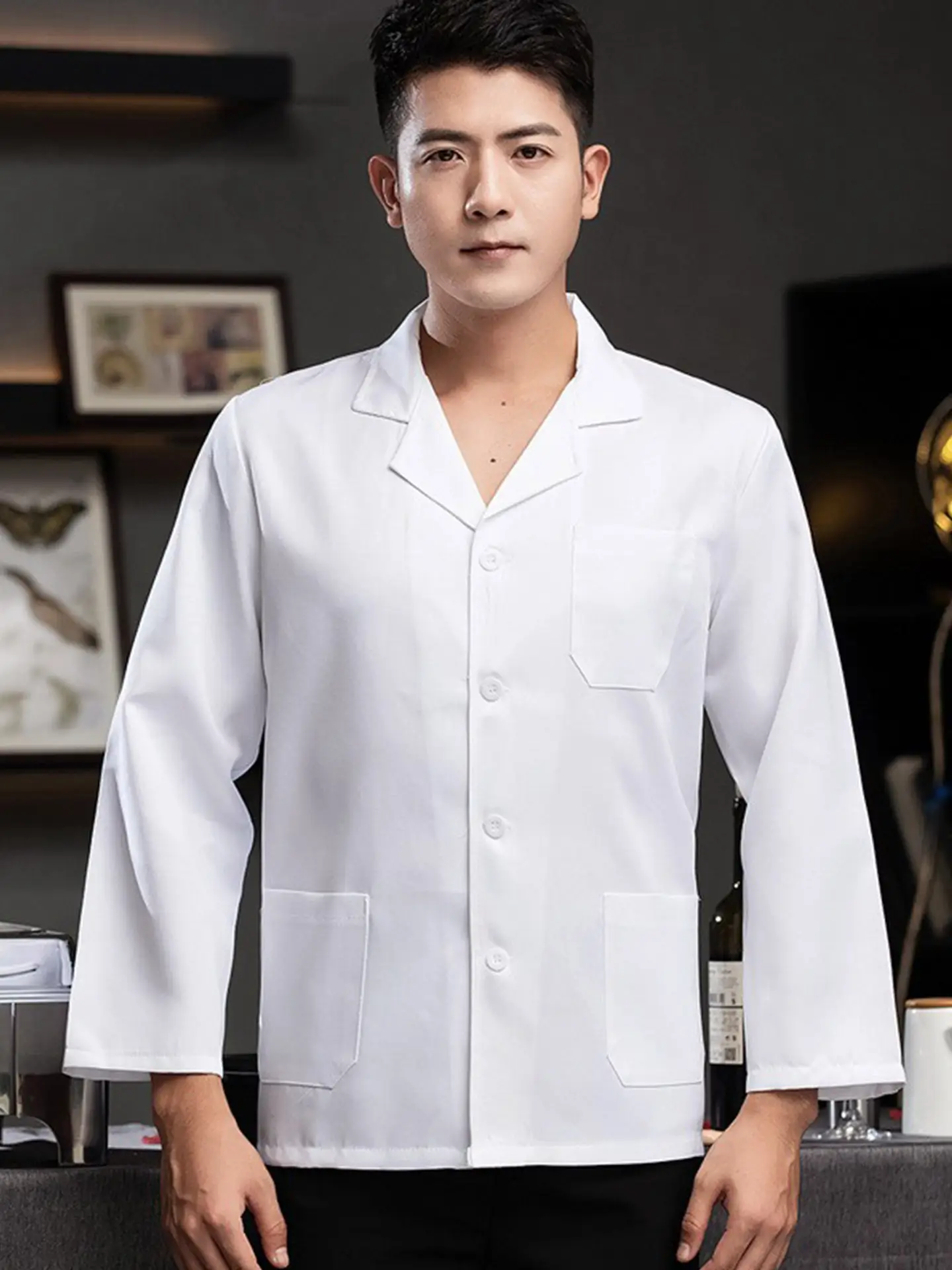 Men White Chef Work Shirt School Kitchen Long Sleeve - Image 5