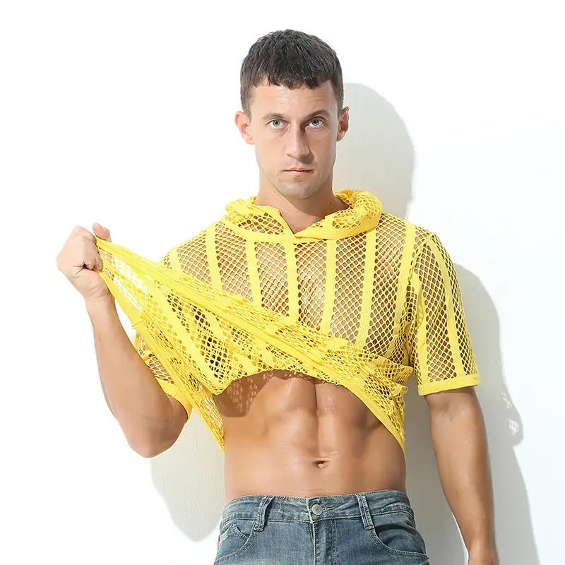 Men's Mesh Lace T-Shirt Cream Short Sleeve