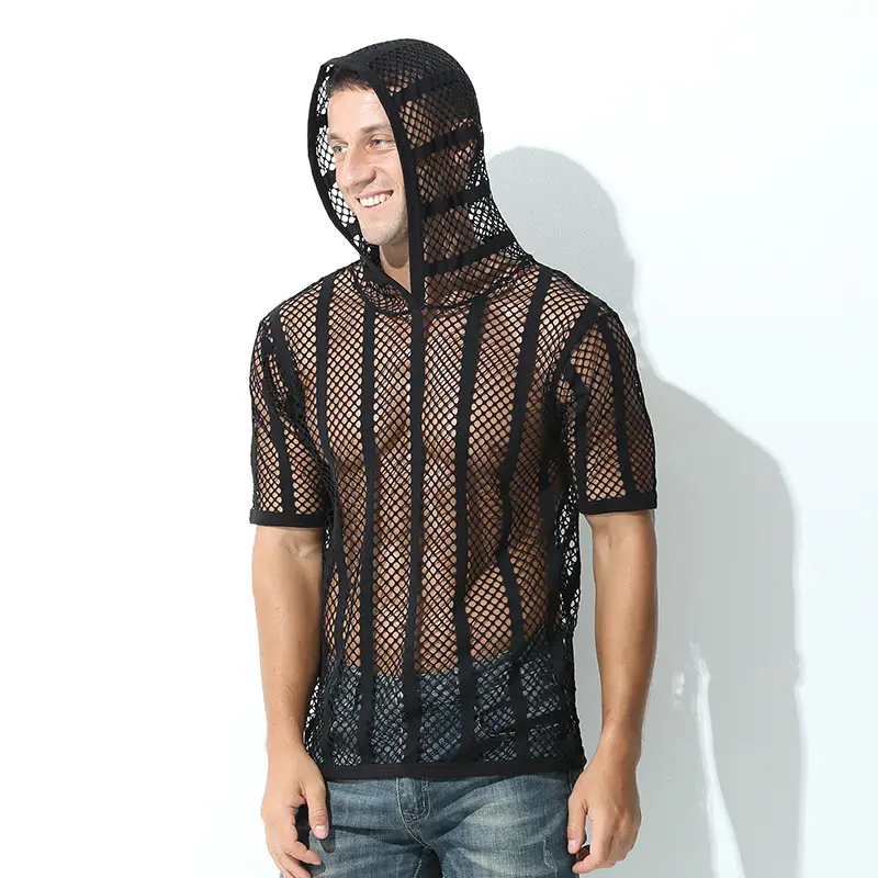 Men's Mesh Lace T-Shirt Cream Short Sleeve
