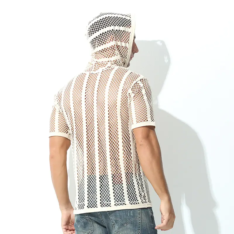 Men's Mesh Lace T-Shirt Cream Short Sleeve
