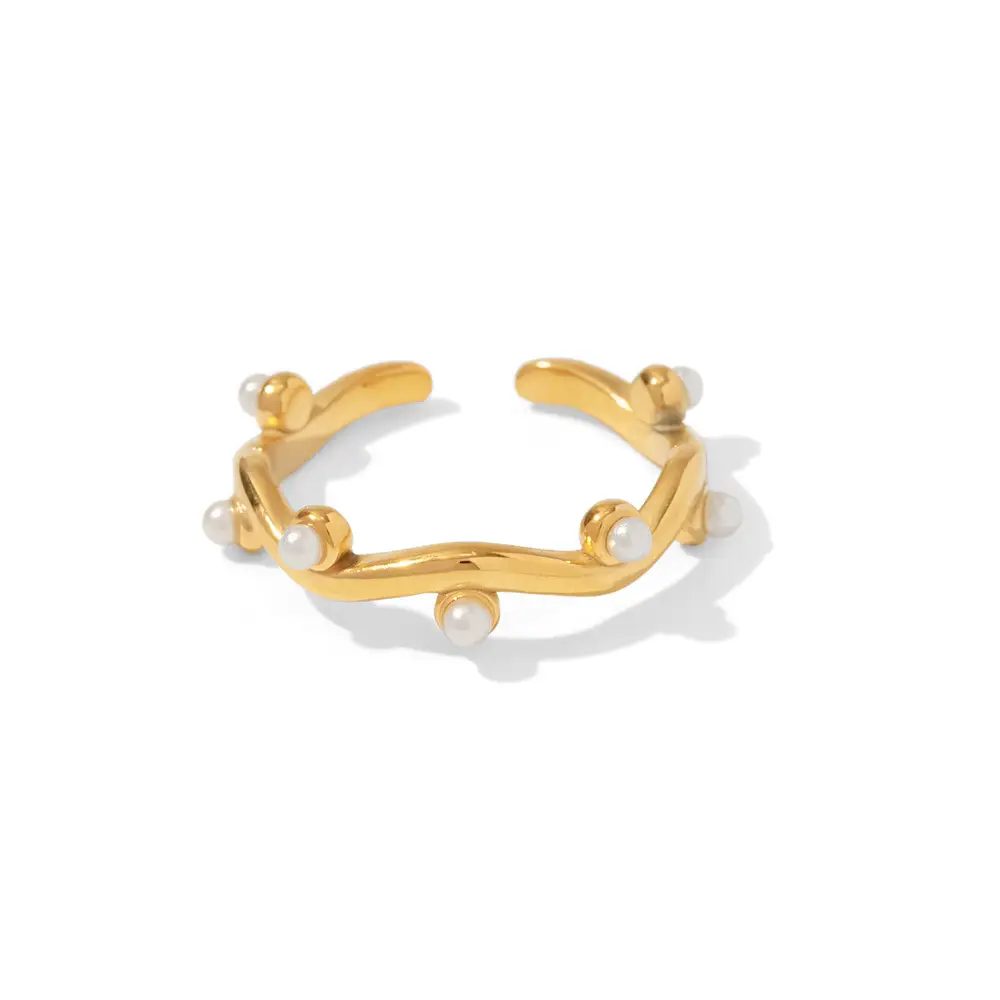 18K Gold Plated Titanium Steel Ring with White Pearl Opening - Image 6
