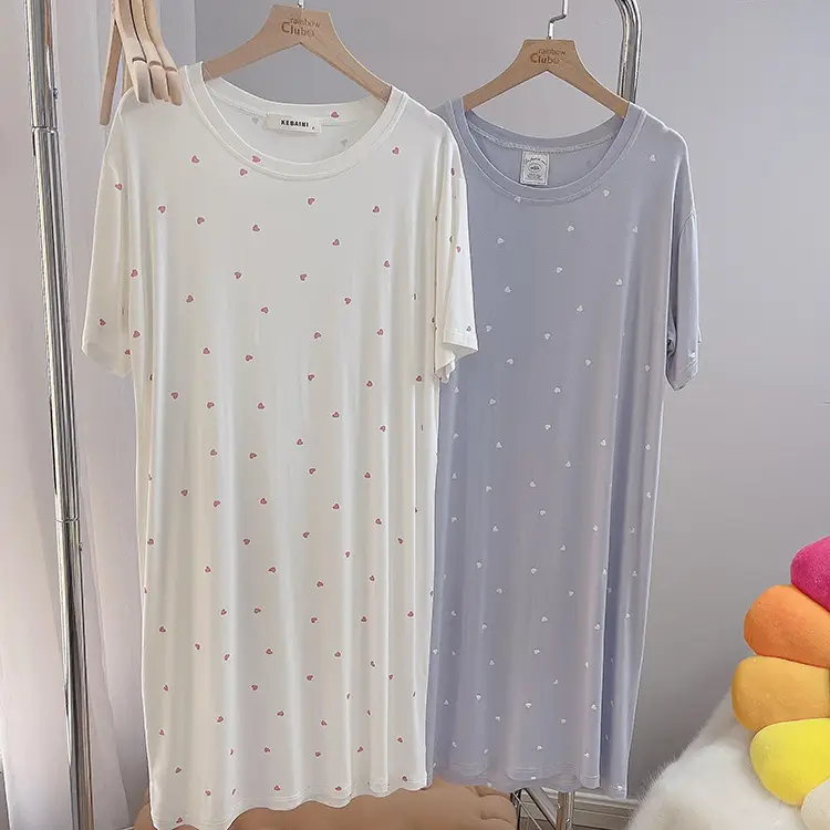 Japanese-Style Heart-Pattern Modal Short-Sleeve Thin Nightgown, Summer Simple Loose Round-Neck Loungewear Sleepwear for Women