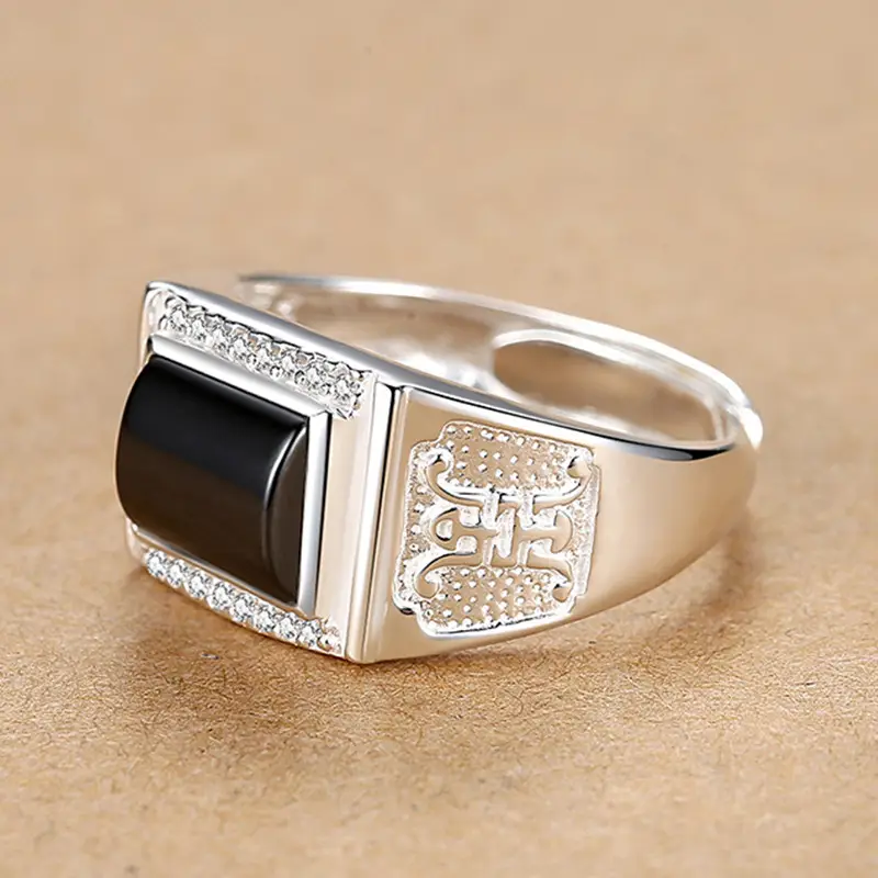 Men's Black Diamond Agate Ring with Silver Plating - Image 6