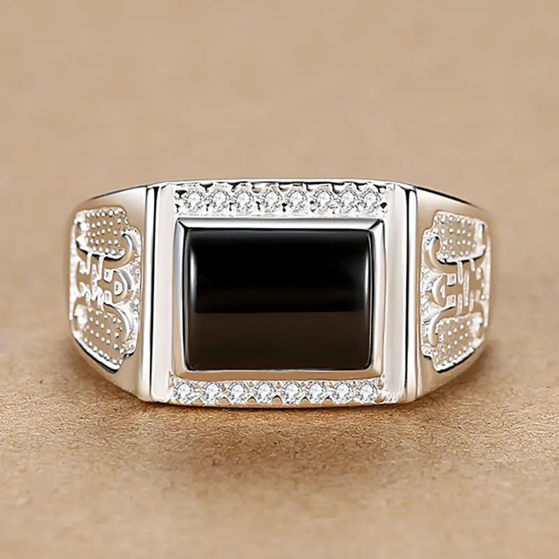 Men's Black Diamond Agate Ring with Silver Plating - Image 7