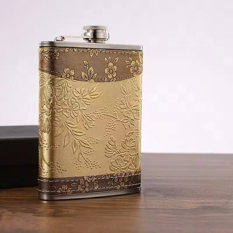 Stainless Steel Flask Black Leather Gift Box 8oz Wine Set - Image 3