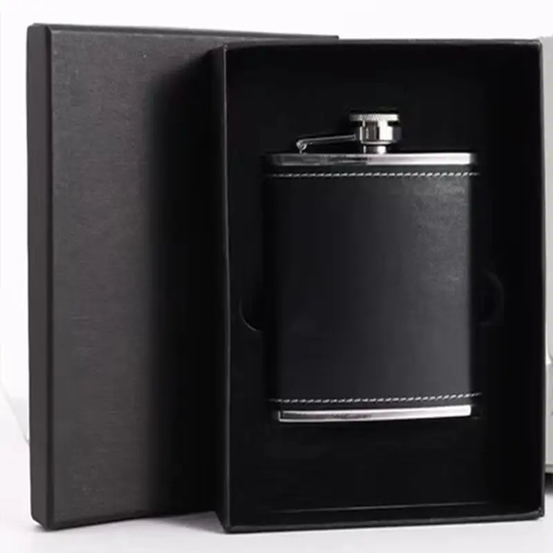 Stainless Steel Flask Black Leather Gift Box 8oz Wine Set - Image 6