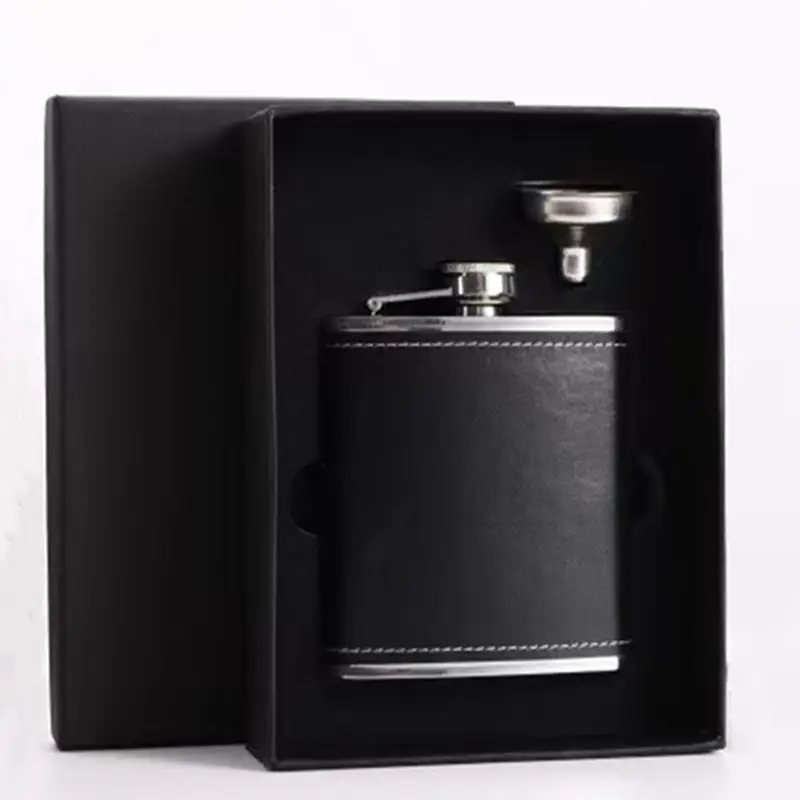 Stainless Steel Flask Black Leather Gift Box 8oz Wine Set - Image 7