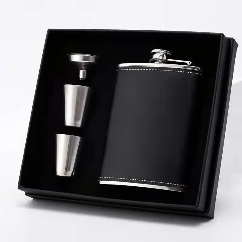 Stainless Steel Flask Black Leather Gift Box 8oz Wine Set - Image 8