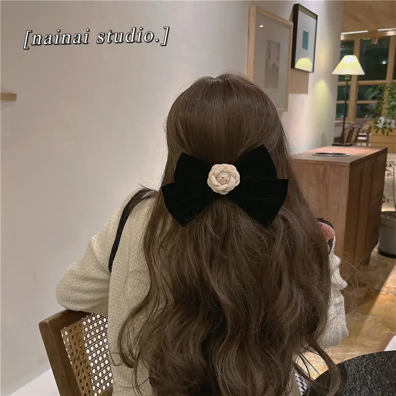 Black Velvet Camellia Hairpin Clip Bow - Image 5