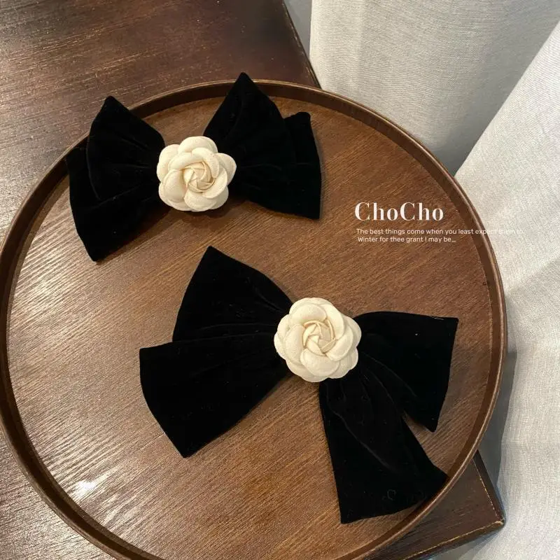 Black Velvet Camellia Hairpin Clip Bow - Image 7