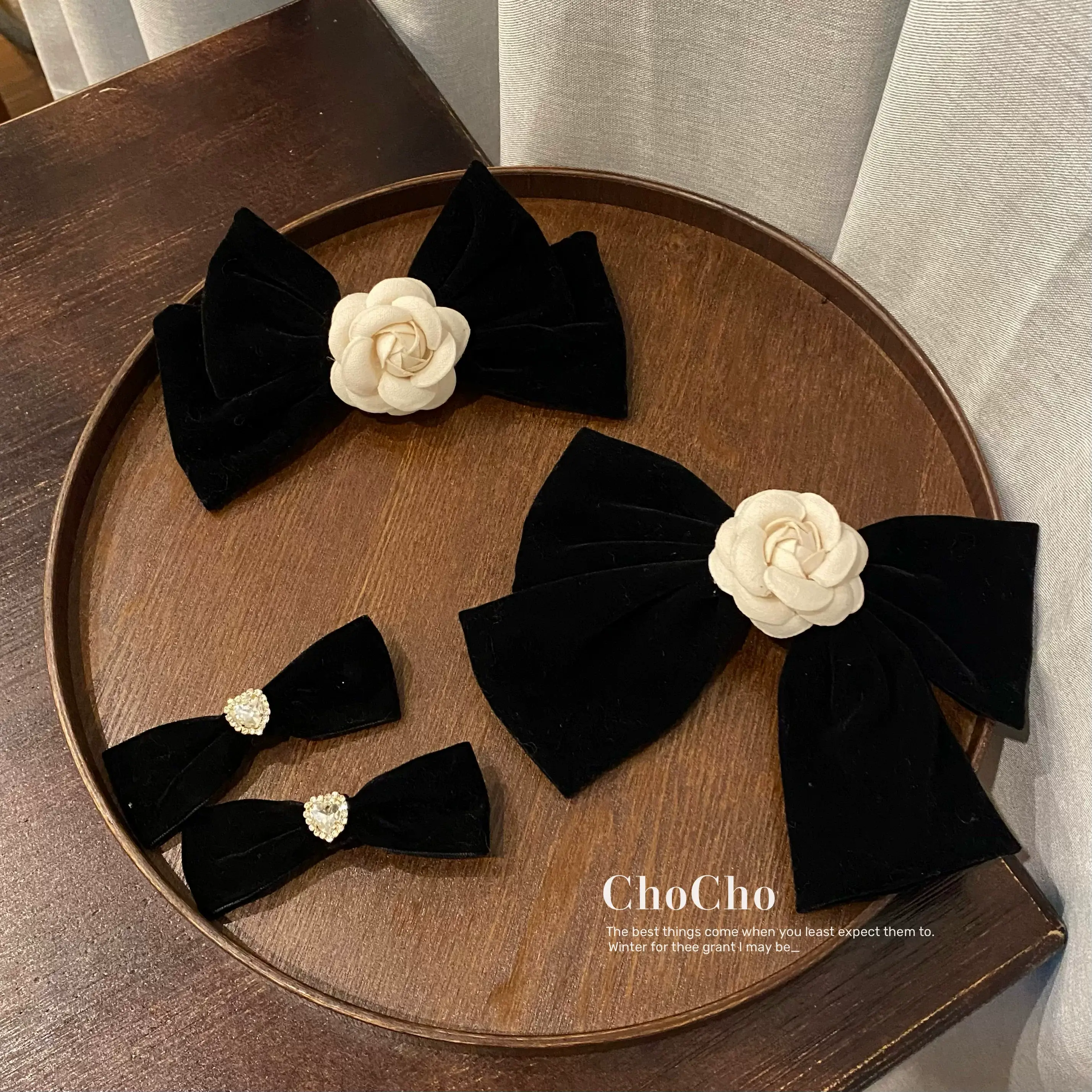 Black Velvet Camellia Hairpin Clip Bow — feature 7
