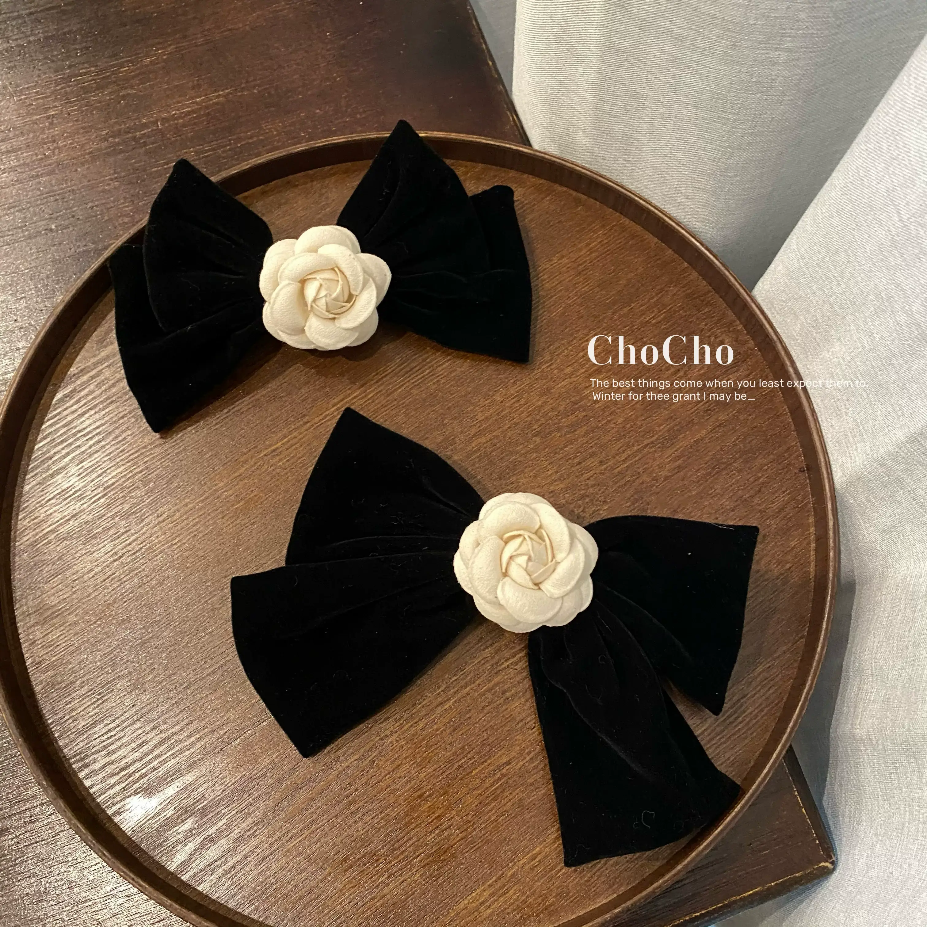 Black Velvet Camellia Hairpin Clip Bow — feature 8